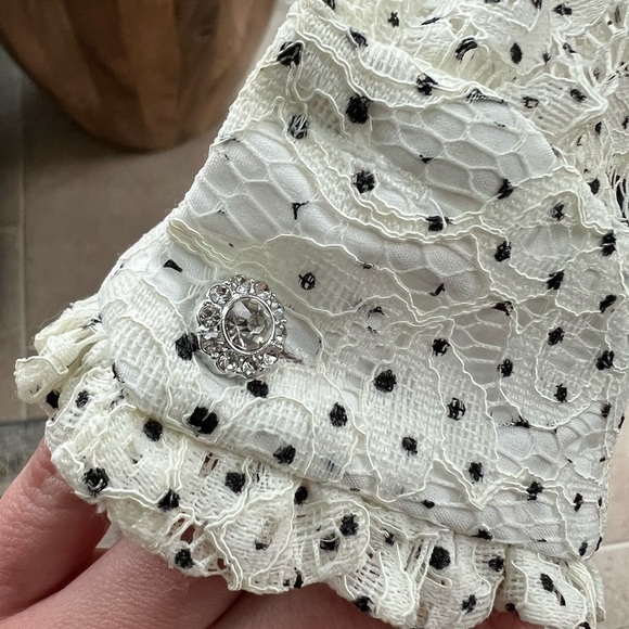 Vici White Lace Polka Dot Rhinestone Button Blouse Puff Sleeve Feminine Top M - Picture 5 of 14